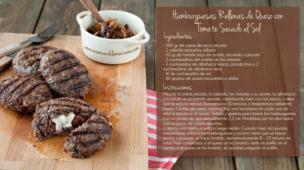 Mini Receta: Hamburguesas Rellenas de Queso con Tomate Seco y Cebolla Balsámica Caramelizada